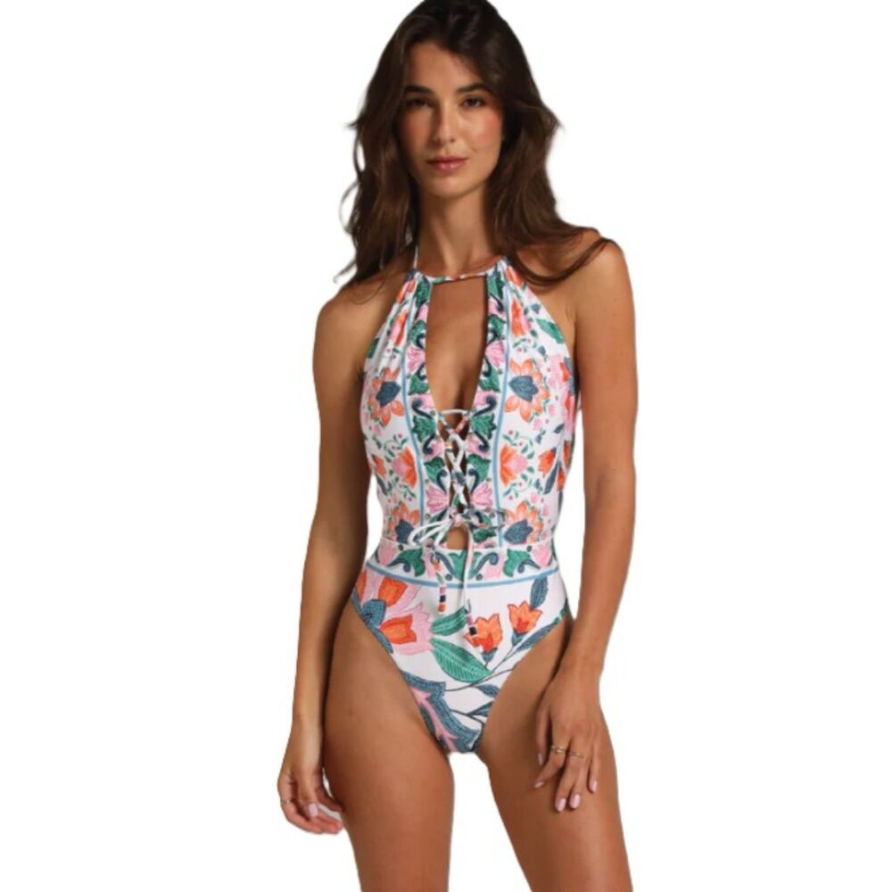 Cosita Linda Burst Floral Plunge High Neck Swimsuit - Women's M - NEW w Tags